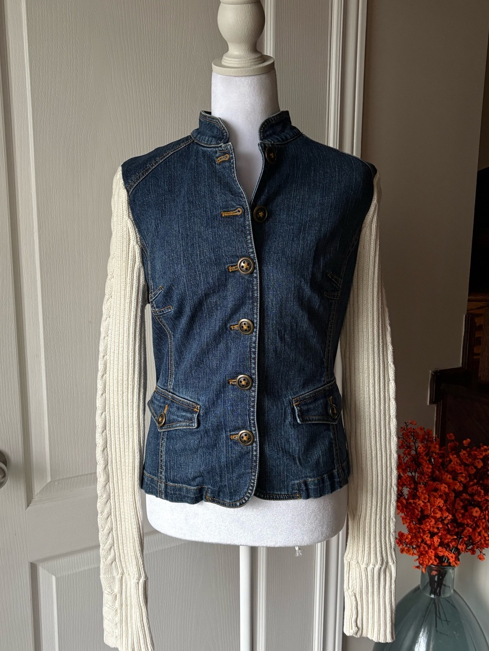 Jones New York Dark Blue Denim Jacket with Cream Knit Sleeves